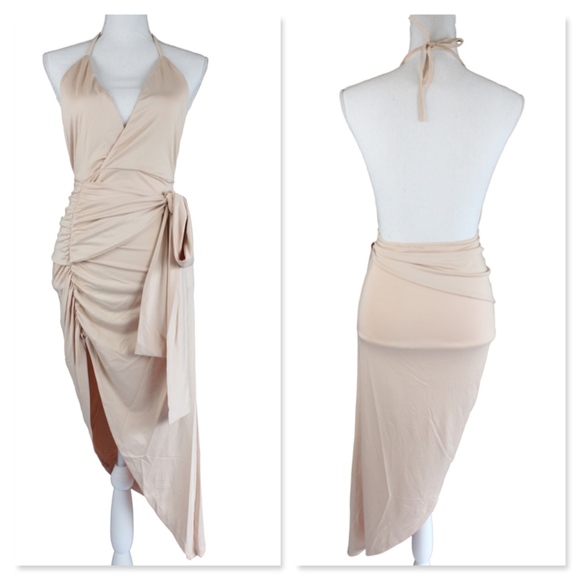 Nude Belted Backless Cami Ruched Asymmetric Dress - Picture 6 of 8